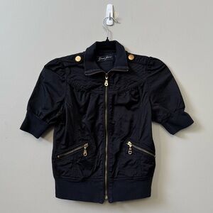 Guess Jeans women’s zip up cropped Y2K black & gold half puff sleeve jacket
